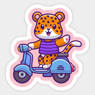 Cute Cheetah Tiger Riding Scooter And Waving Hand Cartoon Sticker